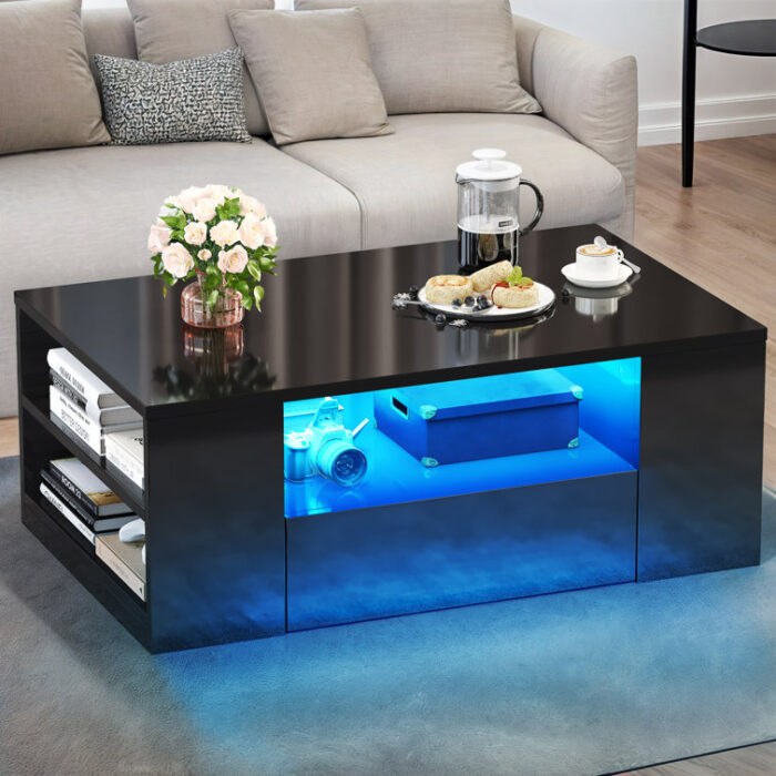 LED High-Gloss Finish Coffee Table With 2 Drawers Open Shelves Storage - Chic Decora