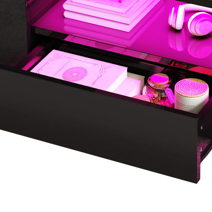 LED High-Gloss Finish Coffee Table With 2 Drawers Open Shelves Storage - Chic Decora