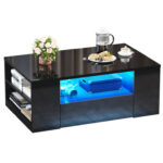 LED High-Gloss Finish Coffee Table With 2 Drawers Open Shelves Storage - Chic Decora