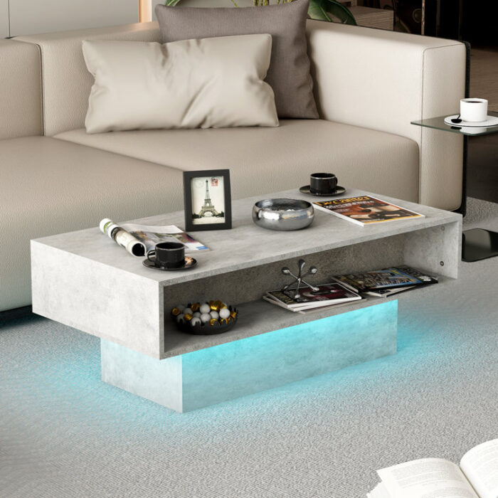 Led Rectangle Concrete Gray Coffee Table With Open Storage - Chic Decora