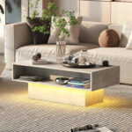 Led Rectangle Concrete Gray Coffee Table With Open Storage - Chic Decora