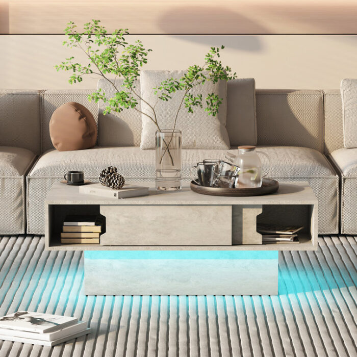 Led Rectangle Concrete Gray Coffee Table With Open Storage - Chic Decora