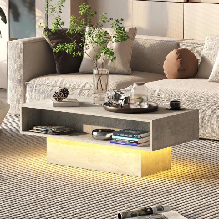 Led Rectangle Concrete Gray Coffee Table With Open Storage - Chic Decora