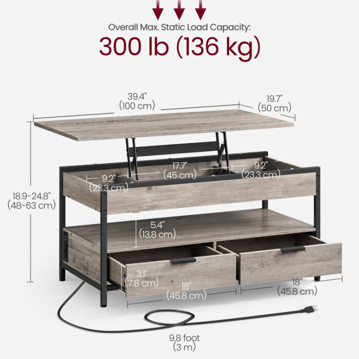 Lift Top Coffee Table With 2 Drawers and Outlets - Chic Decora