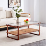 Mittal Sled Glass Top Wood Frame Rattan Coffee Table with Shelf - Chic Decora