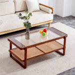 Mittal Sled Glass Top Wood Frame Rattan Coffee Table with Shelf - Chic Decora