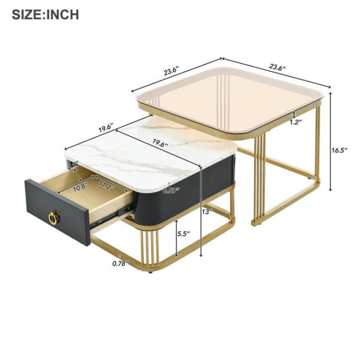 Nesting Coffee Table With Drawer, Set Of 2, Exquisite Square Stacking Coffee Tables With Brown Tempered Glass, Side Table With High Gloss Marble Grain Tabletop For Living Room - Chic Decora