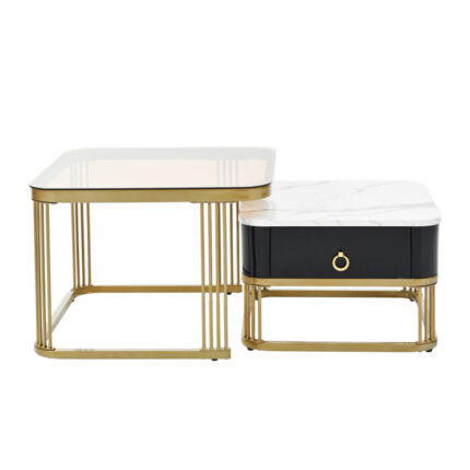 Nesting Coffee Table With Drawer, Set Of 2, Exquisite Square Stacking Coffee Tables With Brown Tempered Glass, Side Table With High Gloss Marble Grain Tabletop For Living Room - Chic Decora