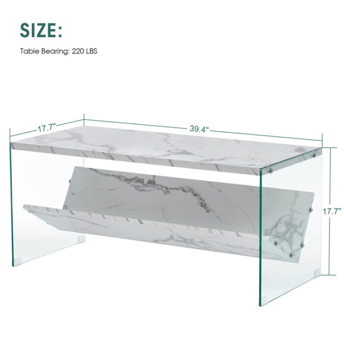 Rectangle Marble Coffee Table with Tempered Glass Legs,Mid-Century Modern Coffee Table with Storage - Chic Decora