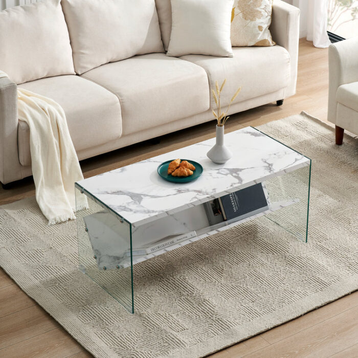 Rectangle Marble Coffee Table with Tempered Glass Legs,Mid-Century Modern Coffee Table with Storage - Chic Decora