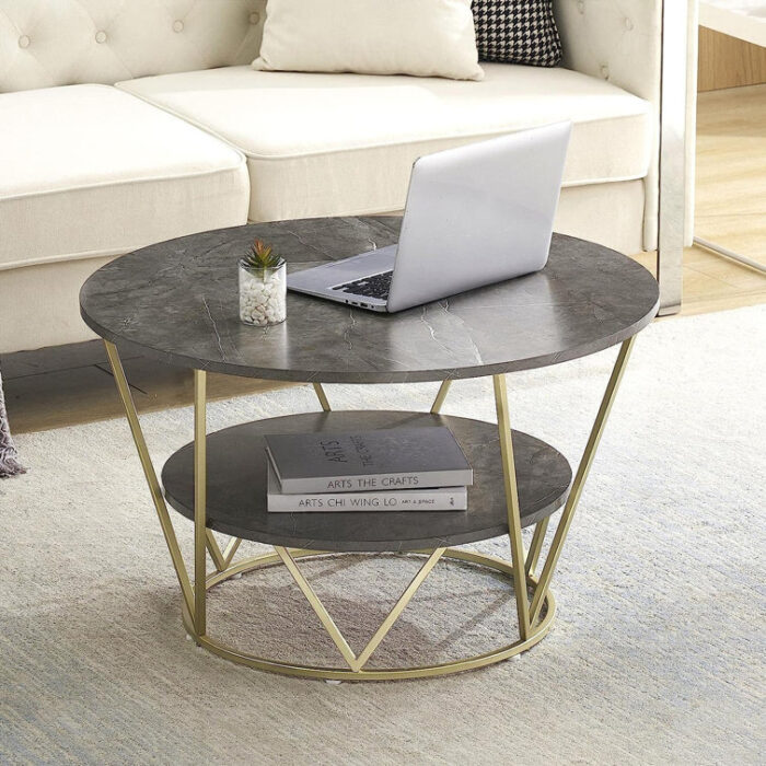 Rena Modern 2-Tier Round Coffee Table – Faux Marble with Storage Shelf and Metal Frame - Chic Decora