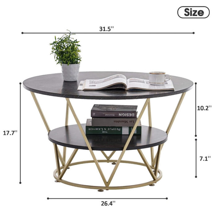 Rena Modern 2-Tier Round Coffee Table – Faux Marble with Storage Shelf and Metal Frame - Chic Decora