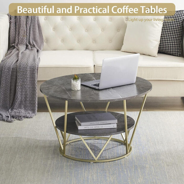 Rena Modern 2-Tier Round Coffee Table – Faux Marble with Storage Shelf and Metal Frame - Chic Decora