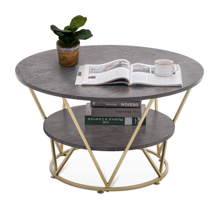 Rena Modern 2-Tier Round Coffee Table – Faux Marble with Storage Shelf and Metal Frame - Chic Decora