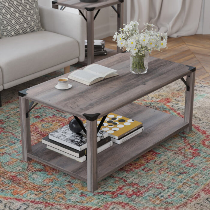 Talmon 2-Tier Coffee Table with Metal Side Braces and Corner Caps - Chic Decora