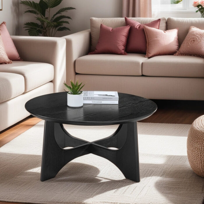 Urian Cross Legs 36″ Round Coffee Table, Black Wood coffee table - Chic Decora