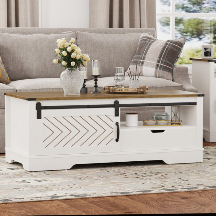 Versavia 47″ Farmhouse Coffee Table with Drawer and Barn Door - Chic Decora