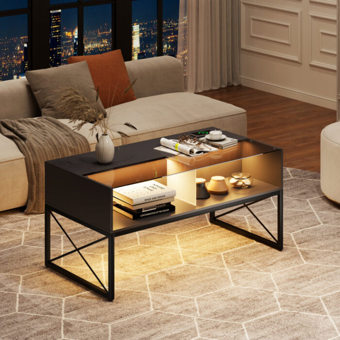 Yoan Coffee Table with Outlets and LED Lights - Chic Decora