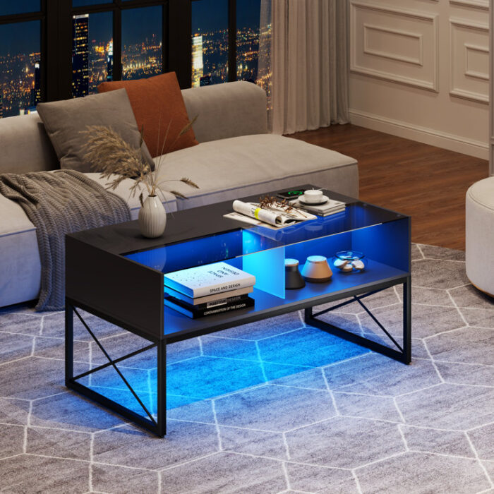 Yoan Coffee Table with Outlets and LED Lights - Chic Decora