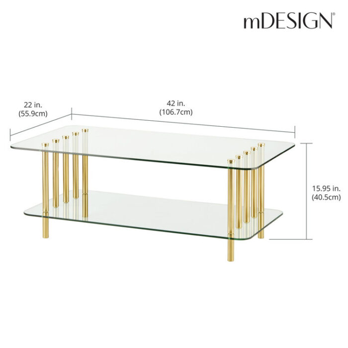 mDesign Long Metal and Glass Top Rectangular Coffee Accent Table - Chic Decora