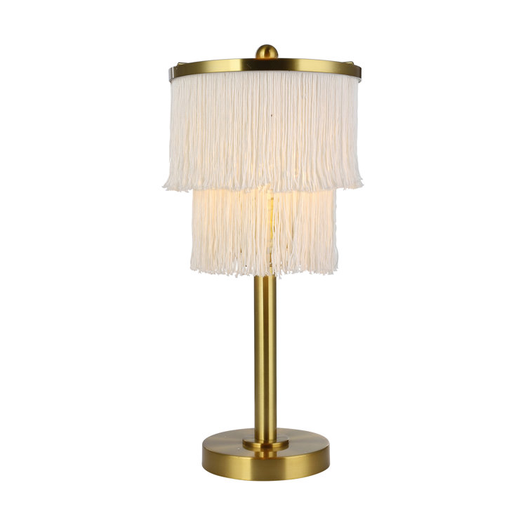 17.88″H Eparama Polished Metal Accent Lamp With Cream Fringe Shade - Chic Decora