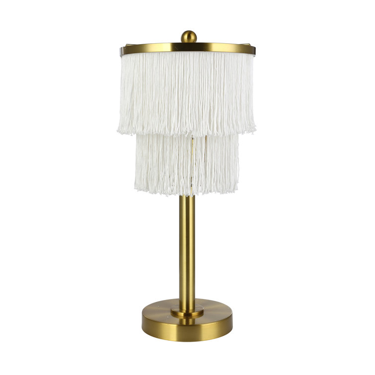 17.88″H Eparama Polished Metal Accent Lamp With Cream Fringe Shade - Chic Decora