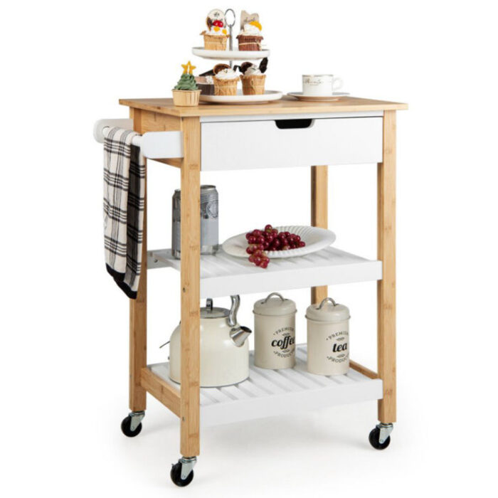 3-Tier Kitchen Island Cart Rolling Service Trolley With Bamboo Top - Chic Decora