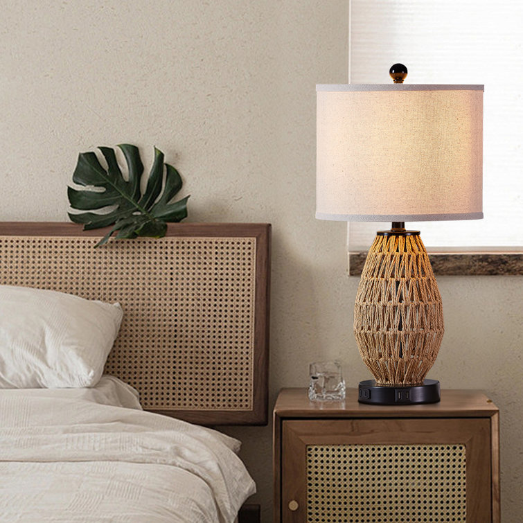 Adone 22.5 in. Rattan Table Lamp with Dual USB Ports and Built-in Outlet - Chic Decora