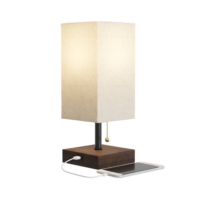 Albaro 14″ Table Lamp with USB Charging Port – Small Bedside Table Light (Linen/Brown) - Chic Decora