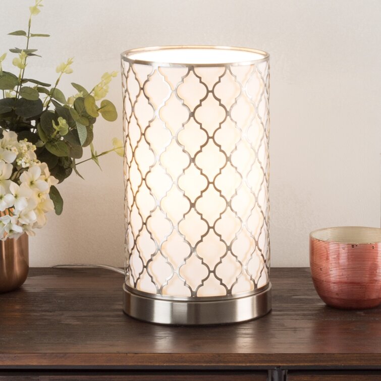 Alessandro Quatrefoil 11.5″ Table Lamp with Steel Finish, Laser Cut Fabric Quatrefoil Pattern - Chic Decora