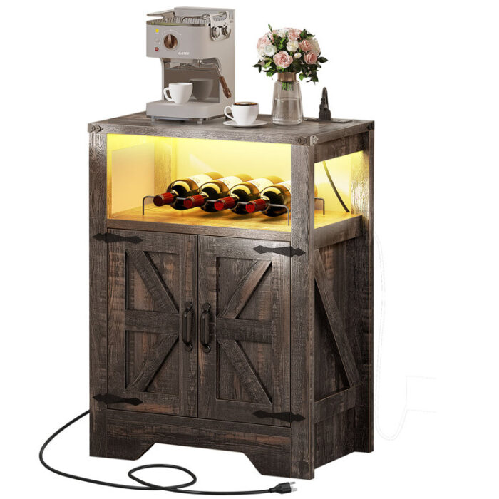 Alphonse 23.6” Farmhouse Liquor Bar Cabinet with Power Outlet & LED Lights - Chic Decora