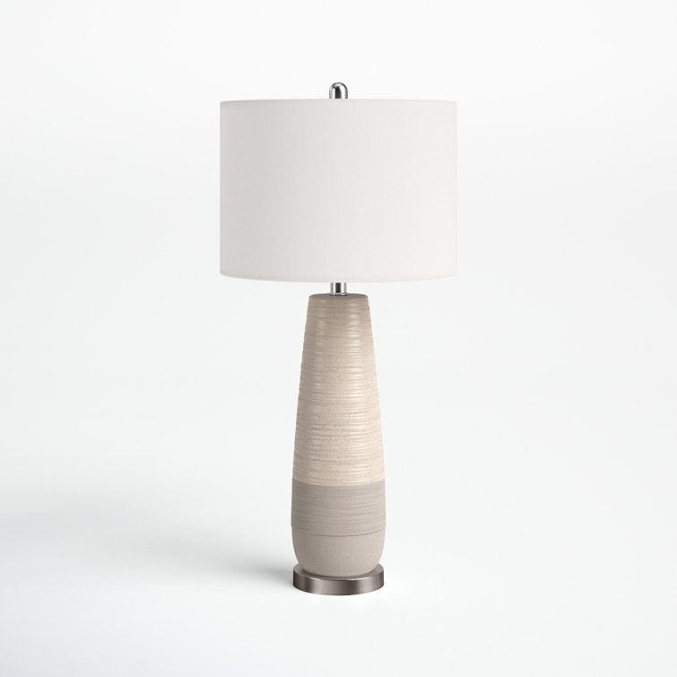 Axcell – Two-Tone Ceramic Table Lamp – Speckled Cream, Greige Finish – Brushed Silver Base – White Linen Shade - Chic Decora