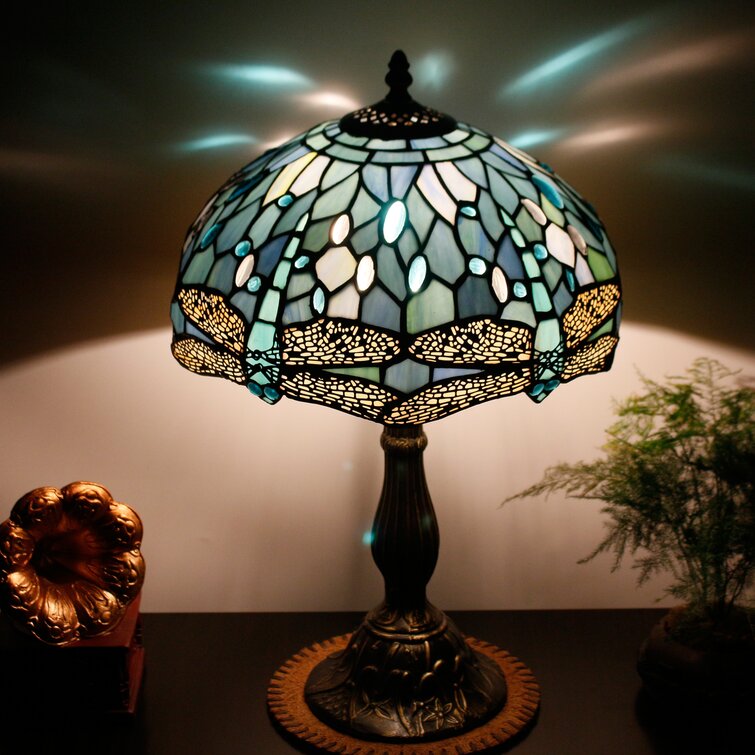 Ballico Tiffany Lamp Sea Blue Stained Glass Table Lamp 12X12X18 Inches Dragonfly Style Desk Reading Light - Chic Decora