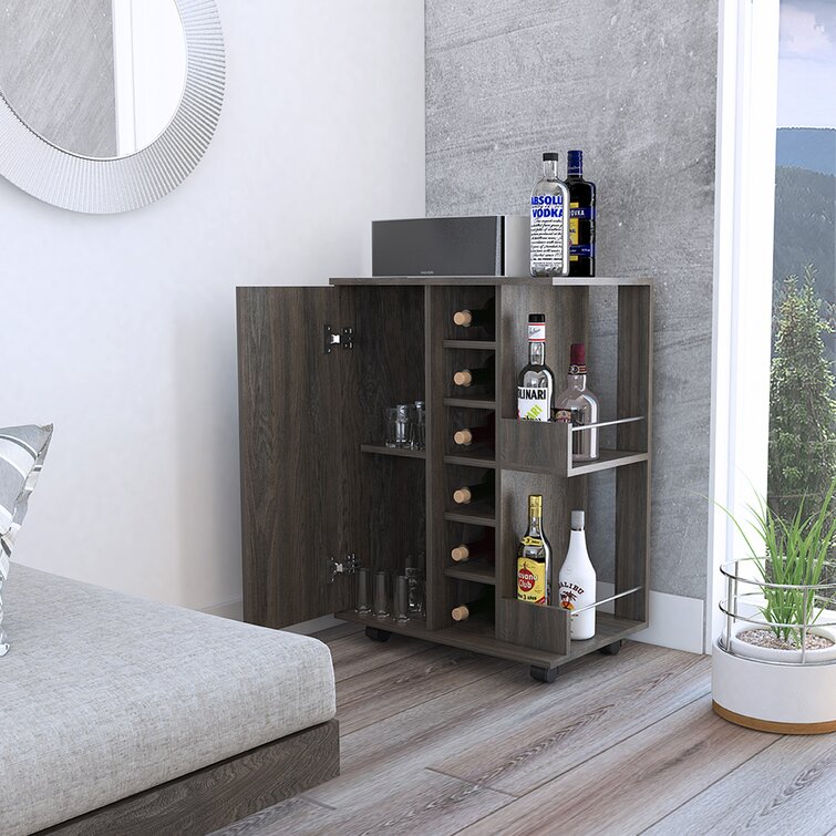 Bar Cart, Two External Shelves, Four Casters, Six Built-in Wine Rack, Single Door Cabinet - Chic Decora