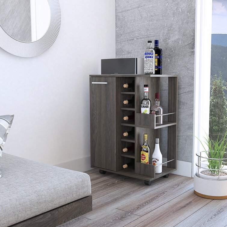 Bar Cart, Two External Shelves, Four Casters, Six Built-in Wine Rack, Single Door Cabinet - Chic Decora