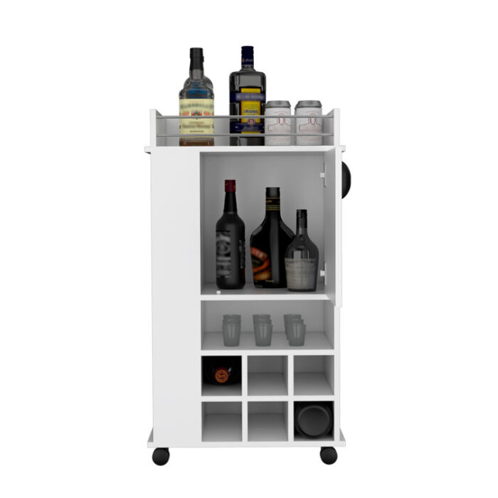 Bar Cart with 6 Built-in Wine Racks, Single-Door Cabinet, and 2 Open Shelves - Chic Decora