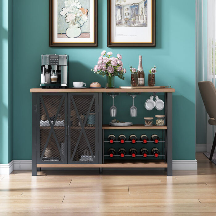 Bluffton Wine Bar Cabinet for Glasses, Sideboard with Doors - Chic Decora