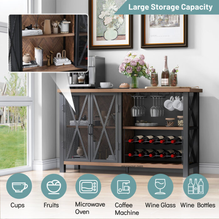 Bluffton Wine Bar Cabinet for Glasses, Sideboard with Doors - Chic Decora