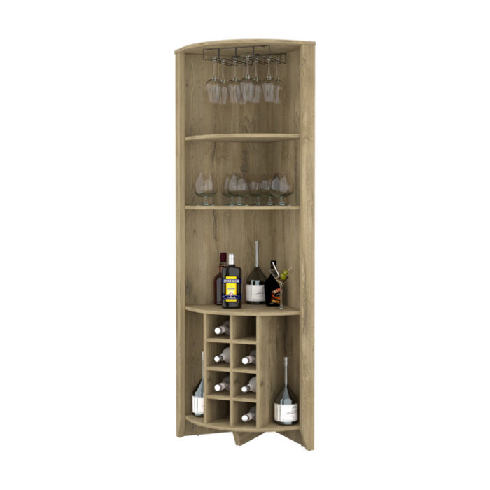 Bouvet Corner Bar Cabinet with 3 Shelves, 8 Wine Cubbies, Cup Rack, and 2 Side Shelves, Black Wenge - Chic Decora