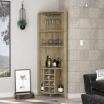 Bouvet Corner Bar Cabinet with 3 Shelves, 8 Wine Cubbies, Cup Rack, and 2 Side Shelves, Black Wenge - Chic Decora