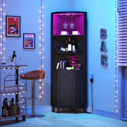 Breasia 67″ Height Corner Bar Cabinet with Wine Storage, 5 Tier Corner Shelf with LED Lights & Glass Holder - Chic Decora