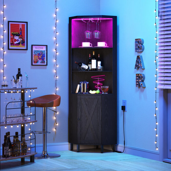 Breasia 67″ Height Corner Bar Cabinet with Wine Storage, 5 Tier Corner Shelf with LED Lights & Glass Holder - Chic Decora