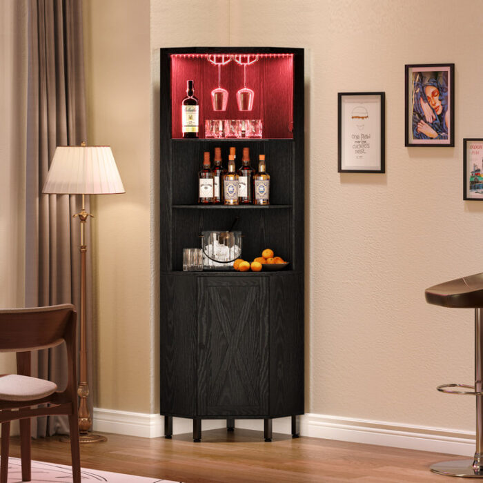 Breasia 67″ Height Corner Bar Cabinet with Wine Storage, 5 Tier Corner Shelf with LED Lights & Glass Holder - Chic Decora