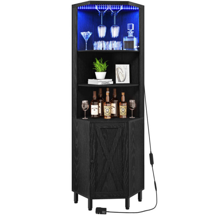 Breasia 67″ Height Corner Bar Cabinet with Wine Storage, 5 Tier Corner Shelf with LED Lights & Glass Holder - Chic Decora