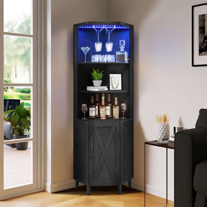 Breasia 67″ Height Corner Bar Cabinet with Wine Storage, 5 Tier Corner Shelf with LED Lights & Glass Holder - Chic Decora