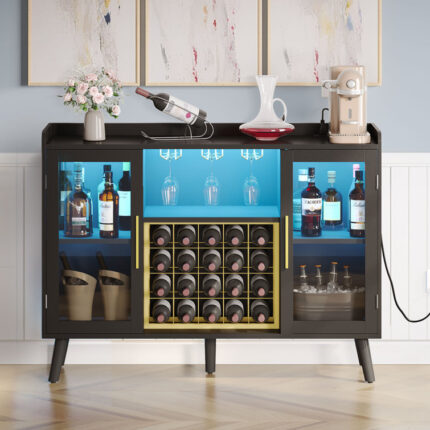 Brevan 53″ Wine Bar Cabinet with Power Outlets & LED Lights - Chic Decora