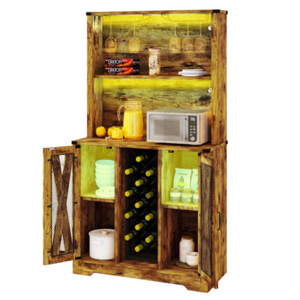 Burkell 65″ Tall Wine Bar Cabinet with LED Lights, Liquor Cabinet Coffee Bar with Adjustable Shelves, Wine and Glasses Rack - Chic Decora