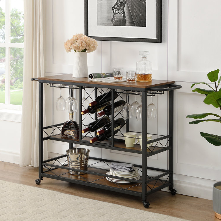 Adore Decor Riley 3-Tier Bar Cart, Wooden Shelves with Metallic Accents - Chic Decora