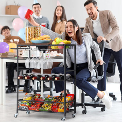 3-Tier Kitchen Island Cart Rolling Service Trolley With Bamboo Top - Chic Decora