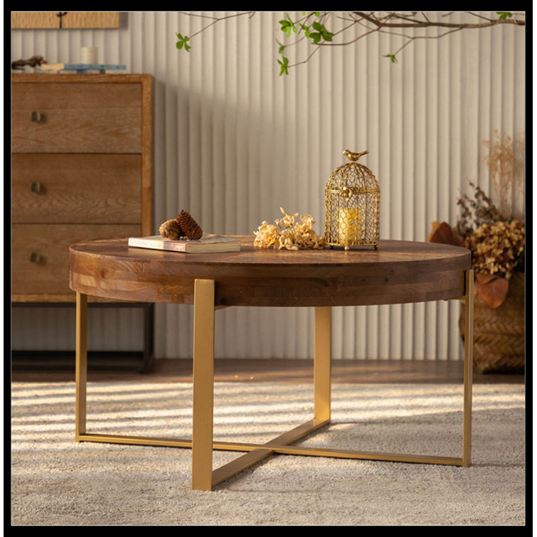 Cheynne Modern Retro Splicing Round Coffee Table,Fir Wood Table Top with Gold Cross Legs Bas - Chic Decora